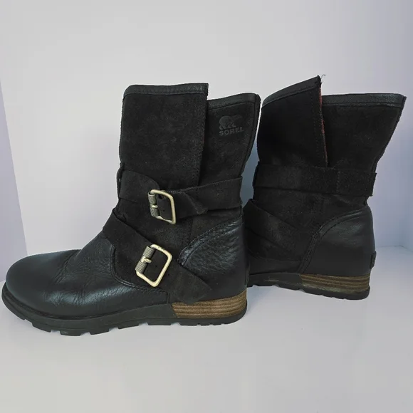 Sorel Black Leather Boots Womens 7 Plaid Lining Buckles - Picture 3 of 15